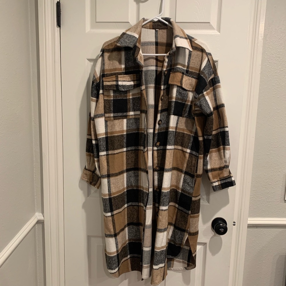 Button down long plaid shirt coat